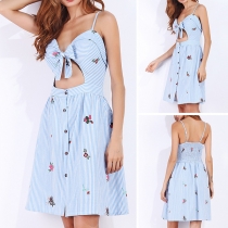 Sexy Backless Hollow Out High Waist Printed Striped Sling Dress