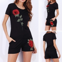 Fashion Short Sleeve Round Neck T-shirt + Shorts Embroidered Two-piece Set
