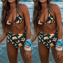 Sexy Banana Printed High Waist Lace-up Halter Bikini Set