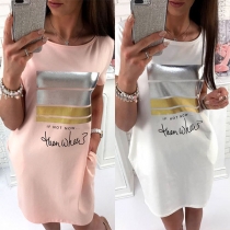 Fashion Contrast Color Letters Printed Short Sleeve Round Neck T-shirt Dress