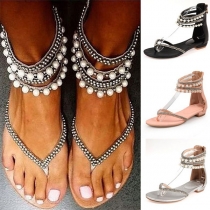 Bohemian Style Flat Heel Pearl Inlaid Thong Sandals