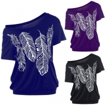 Fashion Oblique-shoulder Short Sleeve Feather Printed T-shirt