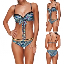 Sexy Lace-up Bowknot Printed Bikini Set