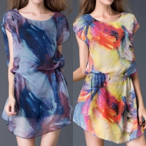 Fashion Colorful Printed Short Sleeve Round Neck Chiffon Dress