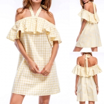 Sexy Ruffle Off-shoulder Lace-up Bowknot Halter Plaid Dress