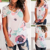 Fashion Crossover V-neck Short Sleeve Printed T-shirt