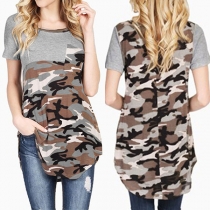Fashion Camouflage Printed Spliced Short Sleeve Round Neck T-shirt