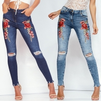 Fashion High Waist Ripped Rose Embroidered Skinny Jeans
