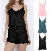 Sexy Backless V-neck Lace Spliced Solid Color Sling Romper