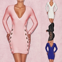 Sexy Deep V-neck Hollow Out Lace-up Long Sleeve Bodycon Dress