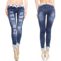 Fashion Low-waist Lace Spliced Ripped Skinny Jeans