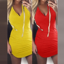 Fashion Solid Color Sleeveless V-neck Hooded Tight Dress
