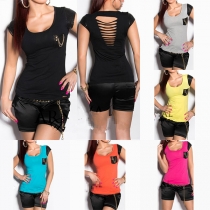 Chic Style Hollow Out Ripped Short Sleeve Round Neck T-shirt