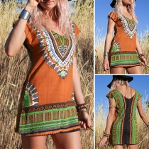 Ethnic Style Short Sleeve V-neck Printed Dress