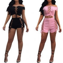 Sexy Hollow Out Lace-up Crop Top + High Waist Shorts Two-piece Set