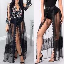 Sexy Printed Chiffon Spliced Bodysuit + See-through Gauze Skirt Two-piece Set