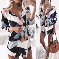Sexy Deep V-neck 3/4 sleeves Contrast Color Printed Dress