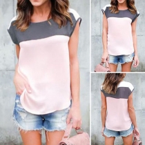 Fashion Contrast Color Short Sleeve Round Neck Chiffon Top