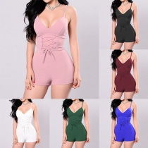 Sexy Backless V-neck Lace-up High Waist Solid Color Sling Romper
