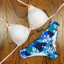 Sexy Lace Spliced Printed Halter Bikini Set
