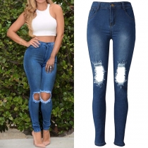 Fashion Hollow Out Ripped High Waist Stretch Skinny Jeans