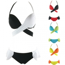 Sexy Contrast Color Crossover Halter Bikini Set