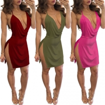 Sexy Backless Deep V-neck Slit Hem Solid Color Sling Dress
