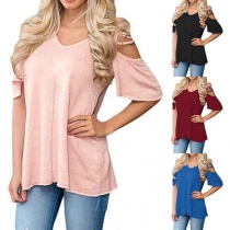 Sexy Off-shoulder Trumpet Sleeve Round Neck Solid Color T-shirt