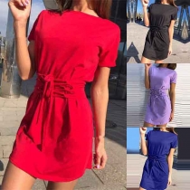 Fashion Solid Color Short Sleeve Round Neck Lace-up T-shirt Dress