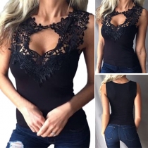 Sexy Hollow Out Lace Spliced Sleeveless Round Neck T-shirt