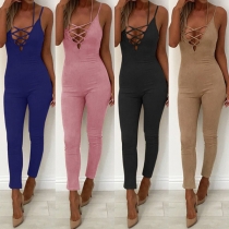 Sexy Backless Lace-up Deep V-neck High Waist Slim Fit Sling Jumpsuit