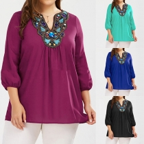 Ethnic Style Beaded Embroidered V-neck 3/4 Sleeve Loose Top