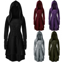 Fashion Solid Color Long Sleeve High-low Hem Hooded Lace-up Dress
