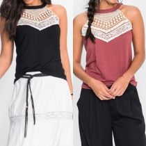 Fashion Sleeveless Round Neck Lace Spliced Top