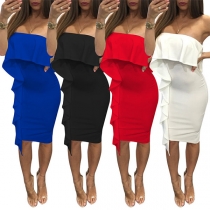 Sexy Strapless Solid Color Slim Fit Ruffle Party Dress