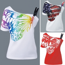 Sexy One-shoulder Short Sleeve Butterfly Printed T-shirt