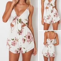 Sexy Backless Deep V-neck Hollow Out High Waist Printed Cami Romper
