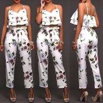 Sexy Backless V-neck Ruffle Cami Top + High Waist Pants Printed Two-piece Set