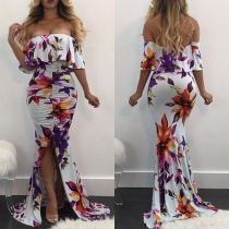 Sexy Off-shoulder Boat Neck Floor-length Printed Fishtail Party Dress