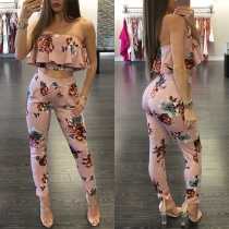 Sexy Ruffle Bandeau Top + High Waist Pants Printed Two-piece Set