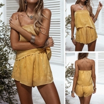Sexy Strapless Elastic Waist Solid Color Romper