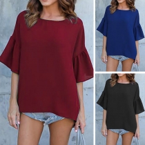 Fashion Solid Color Trumpet Sleeve Round Neck High-low Hem Chiffon Top