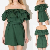 Sexy Off-shoulder Boat Neck Ruffle Solid Color Dress