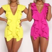 Sexy Deep V-neck Sleeveless Solid Color Ruffle Romper