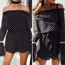 Sexy Off-shoulder Boat Neck Trumpet Sleeve Dots Printed Romper