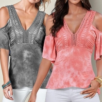 Sexy Off-shoulder V-neck Short Sleeve Lace Spliced Printed T-shirt