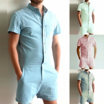 Fashion Solid Color Short Sleeve Single-breasted Men's Romper