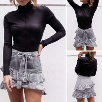 Fashion High Waist Irregular Hem Ruffle Plaid Skirt