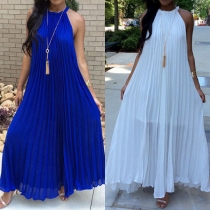Fashion Solid Color Sleeveless Sling Pleated Dress