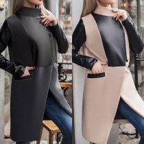 Fashion PU Leather Spliced Long Sleeve Stand Collar Woolen Coat